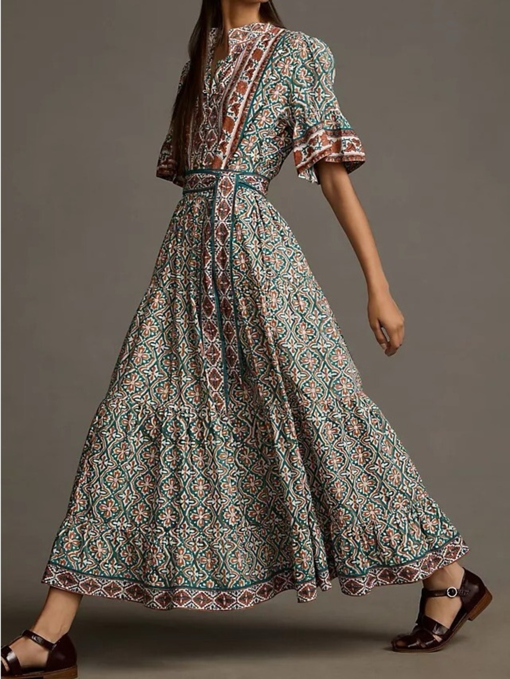 Anthropologie Sue Sartor Block Print Midi Dress 3X Teal Boho Ruffle Picnic 100% - Picture 2 of 5